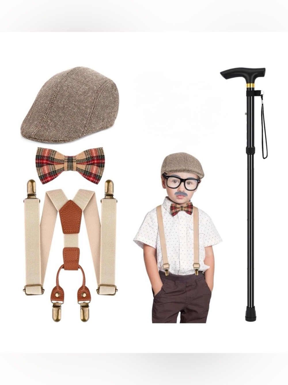 Boys 100 Days of School Costume Hat Suspenders Cane and Bow Tie